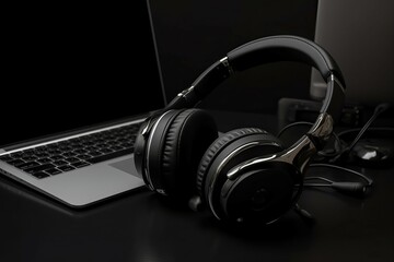 Fototapeta na wymiar Headphones on laptop. Generate Ai