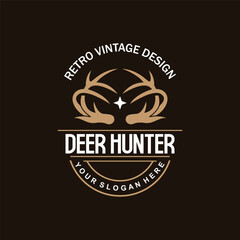 Deer Logo, Deer Hunter Vector, Forest Animal Design, Deer Antlers Retro Vintage Symbol Design Icon