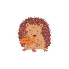 Autumn hedgehog cartoon character with leaves flat vector illustration isolated.