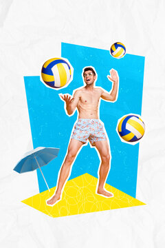 Poster creative illustration pop pinup sketch picture image collage of cheerful crazy sporty guy play volleyball on drawing background