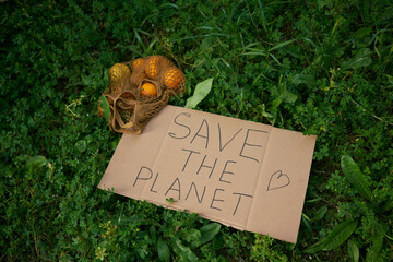 Mesh bag with oranges by Save The Planet text on cardboard cut out