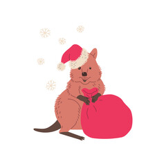 Cute quokka in Christmas hat holding big red bag full of gifts flat style