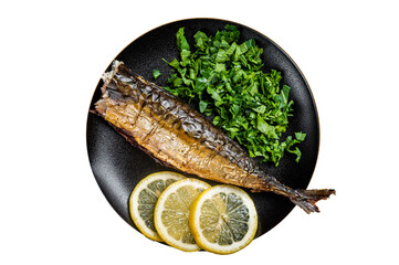 Grilled Mackerel Scomber fish on a plate with greens and lemon.  Isolated, transparent background.
