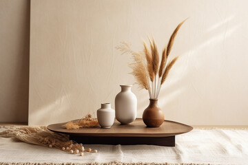vase with dry grass on an old wooden tray in living room. Scandinavian interior. Generative ai