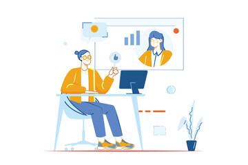 Concept webinar with people scene in the flat cartoon design. Business woman holds a webinar about all the intricacies of business. Vector illustration.