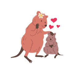Cute quokka with child, concepts of family and motherhood - flat vector illustration isolated on white background.