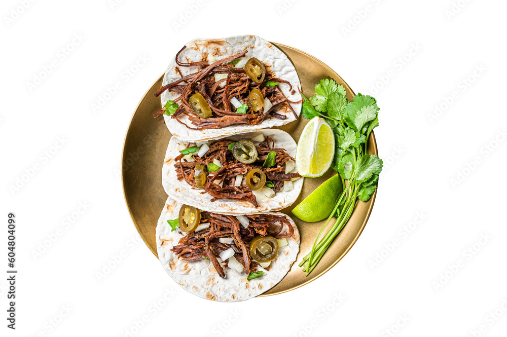 Wall mural Mexican Beef Barbacoa Tacos with Cilantro and Onion.  Isolated, transparent background. - Wall murals