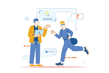 Plagiarism concept with people scene in the flat cartoon style. The manager encourages the employee to generate his own ideas and not engage in plagiarism. Vector illustration.