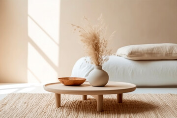 vase with dry grass on an old wooden tray in living room. Scandinavian interior. Generative ai