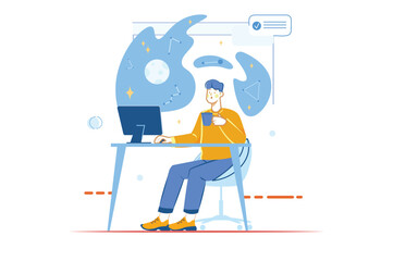 Open space concept with people scene in the flat cartoon style. A worker in the office develops an open space concept. Vector illustration.