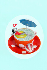 Creative artwork sketch picture collage poster of lovely girl inside big porcelain cup swimming...
