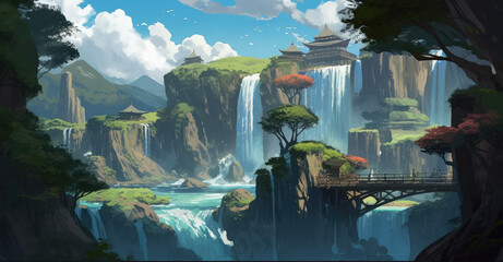 an illustration with an ancient tower and waterfall, in the style of kawacy, blurred landscapes, generative AI