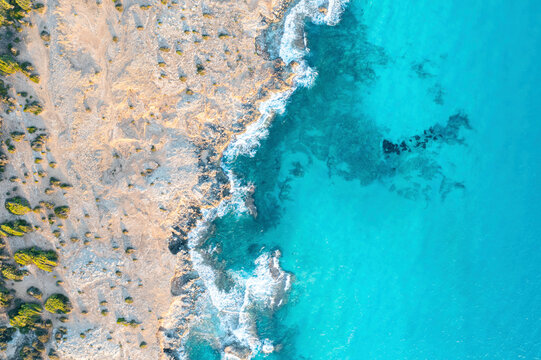 Spain, Balearic Islands, Formentera, Drone view of turquoise seashore