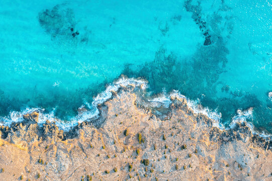 Spain, Balearic Islands, Formentera, Drone view of turquoise seashore