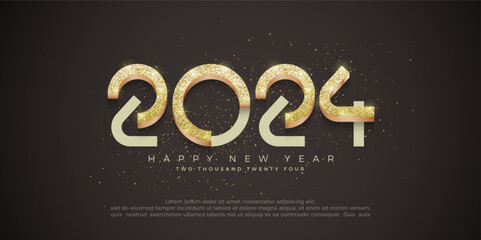 Happy new year 2024 celebration design. With unique and modern numbers on black background. Gold in color and gold glitter.