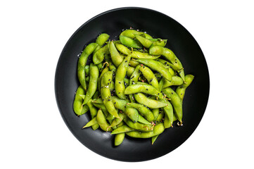 Boiled Edamame Soy Beans with sea salt in a plate.  Isolated, transparent background.