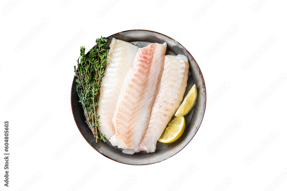 Poster fresh raw cod fish fillets with herbs served on steel tray. isolated, transparent background.