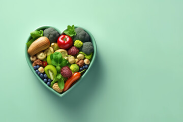 Diet food for health with heart bowl. Baner, place for text.  - obrazy, fototapety, plakaty