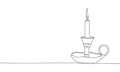 Candle in a candlestick. One line continuous retro candle. Line art, outline, single line silhouette. Hand drawn vector illustration. 