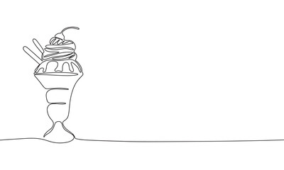 Ice cream in glass. One line continuous ice cream or gelato. Line art, outline, single line silhouette. Hand drawn vector illustration. 