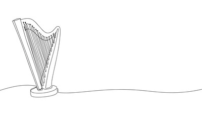 Musical instrument harp. One line continuous music instrument. Line art, outline, single line silhouette. Hand drawn vector illustration. 