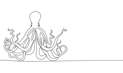 Octopus sea animal. One line continuous octopus ocean animal. Line art, outline, single line silhouette. Hand drawn vector illustration. 