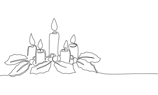 Christmas candles. One line continuous candles and leave on Christmas. Line art, outline, single line silhouette. Hand drawn vector illustration. 