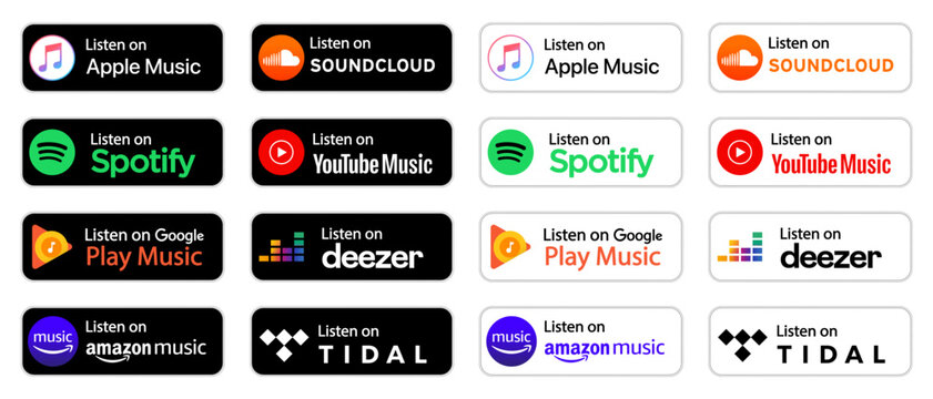 Popular music streaming services with listening badges.Music streaming platforms with popular listening badges.Apple Music,Google, Spotify, Youtube Music, Amazon music, Deezer Soundcloud.Tidal.