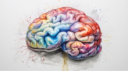 Colorful drawing of brain on white background. Watercolor painting. Generative AI