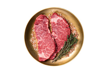 Alternative beef steak Denver, raw meat steak with herbs.  Isolated, transparent background.