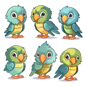 simple baby parrot sticket set, 6 variations. AI generated.