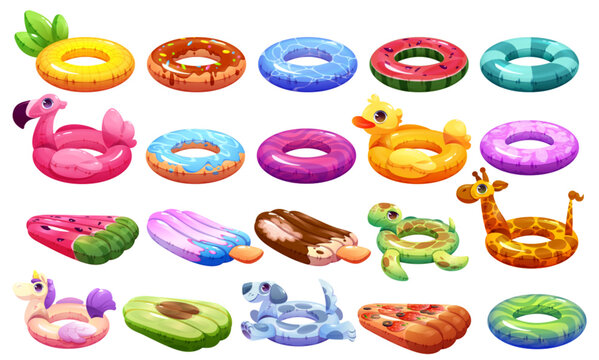 Inflatable rubber swim pool ring cartoon vector. Isolated float beach lifesaver accessory illustration. Duck, watermelon, unicorn and flamingo pattern lifebuoy for kid icon on white background.
