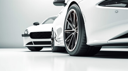 Fototapeta na wymiar Two modern cars on light gray background. Generative AI