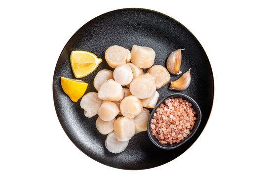 Raw Sea Scallops Seafood On A Plate With Pink Salt And Lemon. Isolated, Transparent Background.