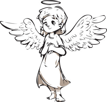 sad little angel with wings vector silhouette strokes