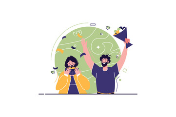 Team congratulates colleague concept with people scene in the flat cartoon style. Colleagues at work together celebrate victory over difficult cases. Vector illustration.