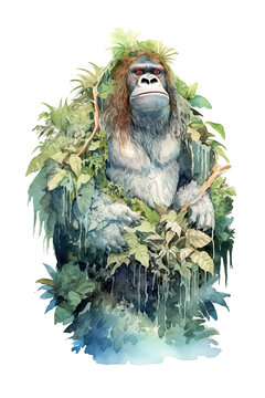 A painting of a gorilla sitting on a tree stump. Generative AI. Mystical mapinguari, a fearsome giant spirit.