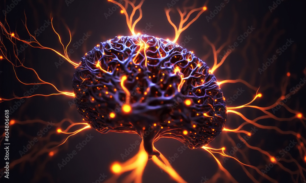 Leinwandbilder Glowing brain background with neural links network. Illustration representing artificial intelligence neuronal activity. Generative AI