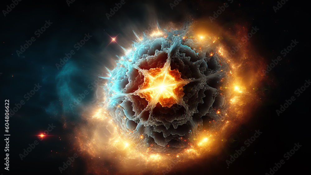 Poster view of the birth of a star in space during a nebula explosion. nuclear fusion of cosmic clouds of g