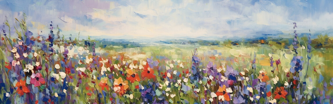 impressionist impasto painting nature, flowers, grass, landscape. AI generated. 