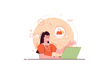 Concept Online shopping with people scene in the flat cartoon design. A girl chooses a new handbag with a discount in an online store. Vector illustration.