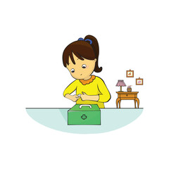 Girl bandage up and first aid for bleeding isolated illustration