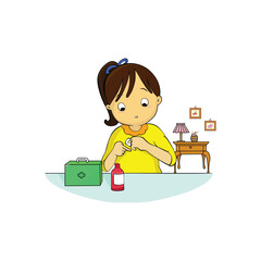 Girl bandage up and first aid for bleeding isolated illustration