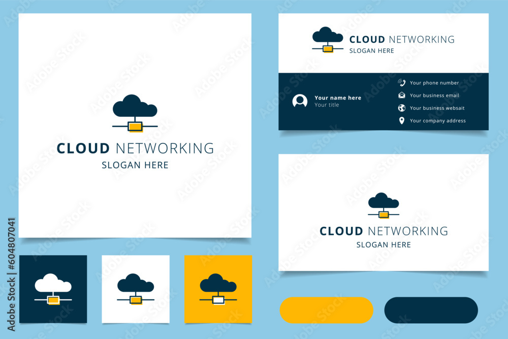 Poster cloud networking logo design with editable slogan. branding book and business card template.