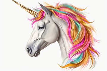 Obraz na płótnie Canvas Unicorn Cartoon White Pony Horse Head With Colorful Hairs On Transparent Background. Generative Ai