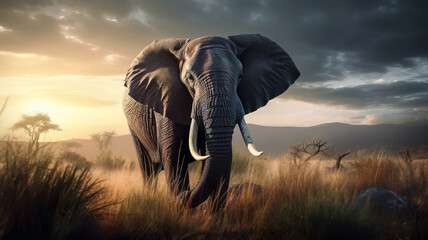 Fototapeta na wymiar Powerful Elephant Runs In Breathtaking Landscape With Dramatic Cloudy Sky And Bright Sunlight - Generative AI