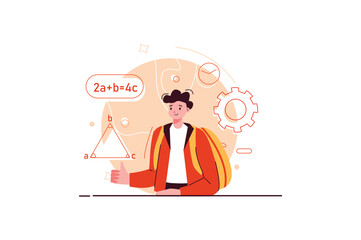 Concept School learning with people scene in the flat cartoon design. The boy goes to a math class to gain new knowledge. Vector illustration.