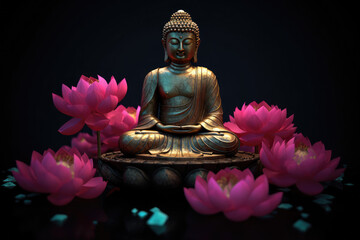 Lotus flowers and buddha statue, generative AI	
