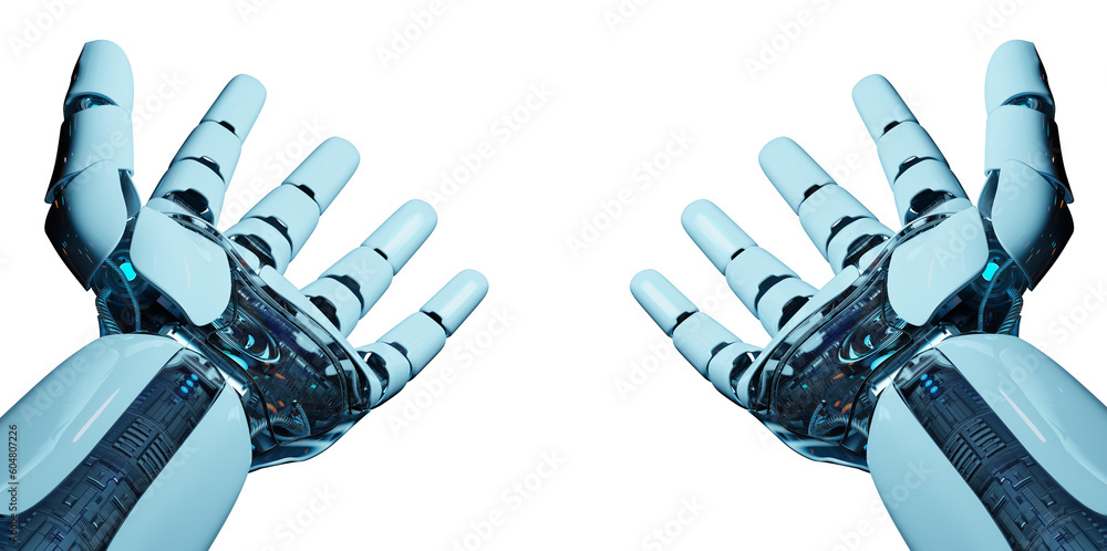 Leinwandbilder isolated robot hand. 3d rendering white and blue cyborg arm in dark lighting. humanoid open palm cut