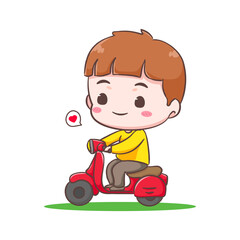 Cute happy kid boy riding motorcycle cartoon character. People expression concept design. Isolated background. Vector art illustration